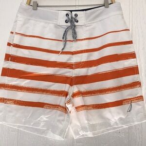 NAUTICA MEN'S 30 WHITE & ORANGE STRIPED BOARD SURF SWIM SHORTS TRUNKS QICK DRY